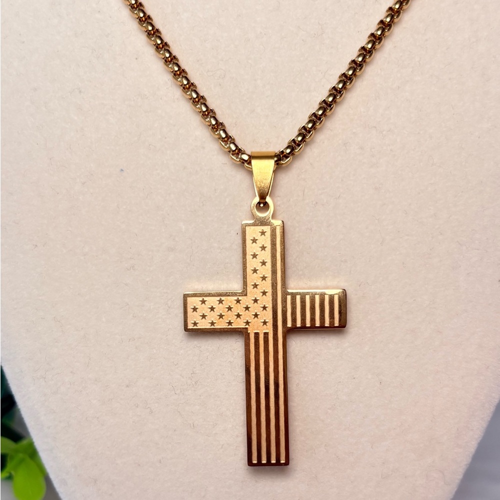 Gold Cross With American Flag Necklace - Picture 4 of 10